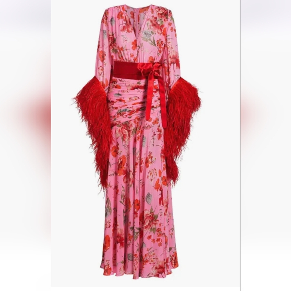 ISO: L XL Bronx and Banco Pink Red Floral Long Maxi Geisha Ostrich Gown Dress
